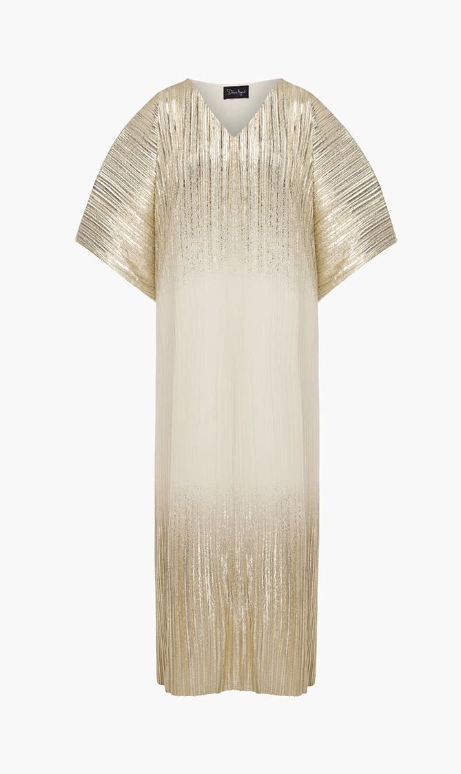 Pleated Metallic V Neck Dress