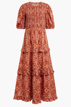 LONG ORANGE DRESS WITH BROWN, WHITE, DARK ORANGE MOTIF AND SHORT PUFFED SLEEVES