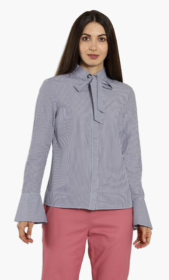 Stripes Flared Cuff Pussycat Bow Blouse
