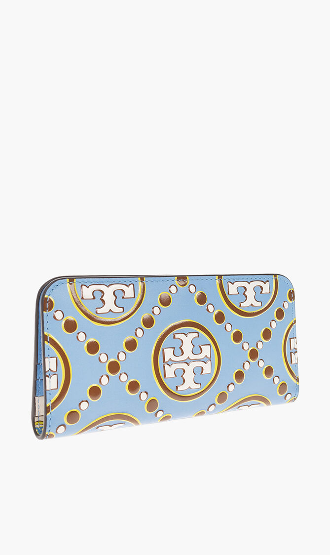 T Monogram Contrast Embossed Zip Slim Wallet