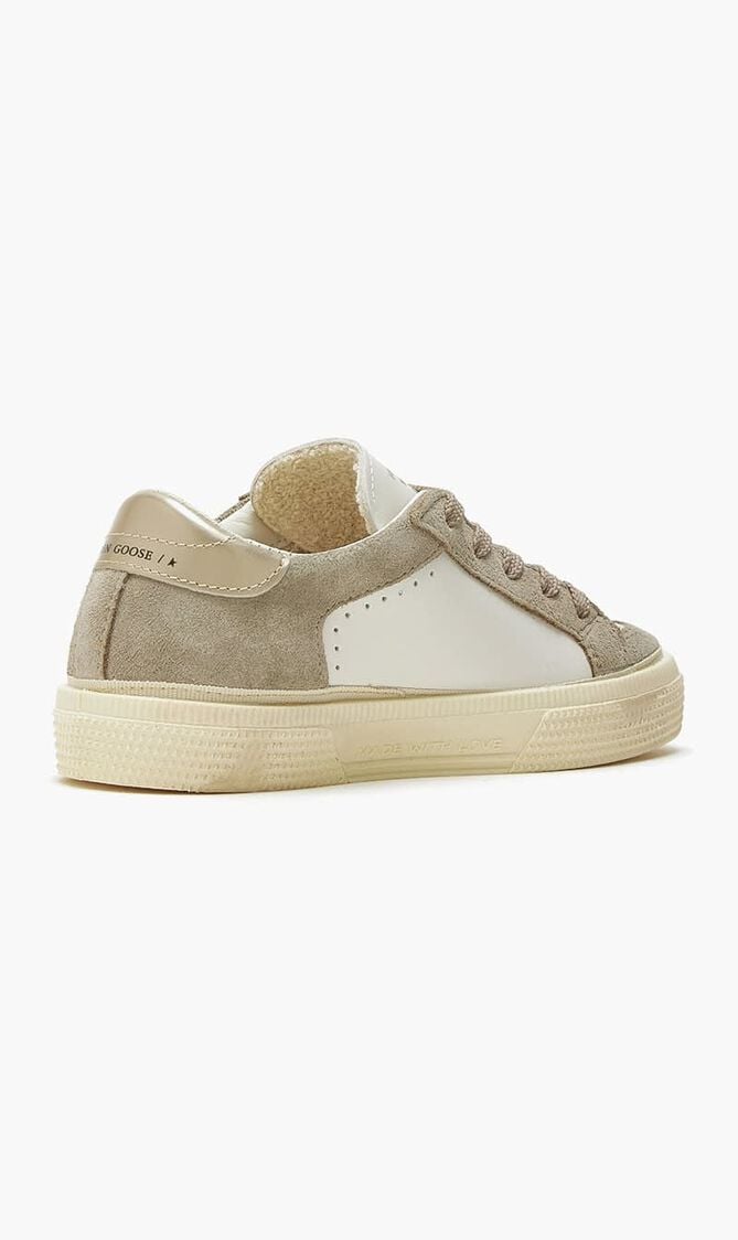 MAY LEATHER UPPER VAMP AND TONGUE SUEDE QUARTER AND TOE GLITTER STAR LAMINATED HEEL
