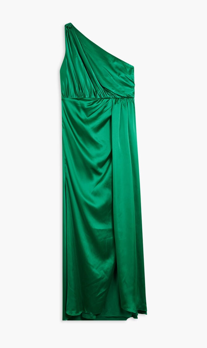 GATHERED ONE SHOULDER SATIN FAUX WRAP GOWN