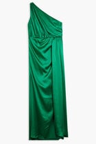 GATHERED ONE SHOULDER SATIN FAUX WRAP GOWN