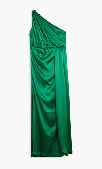 GATHERED ONE SHOULDER SATIN FAUX WRAP GOWN