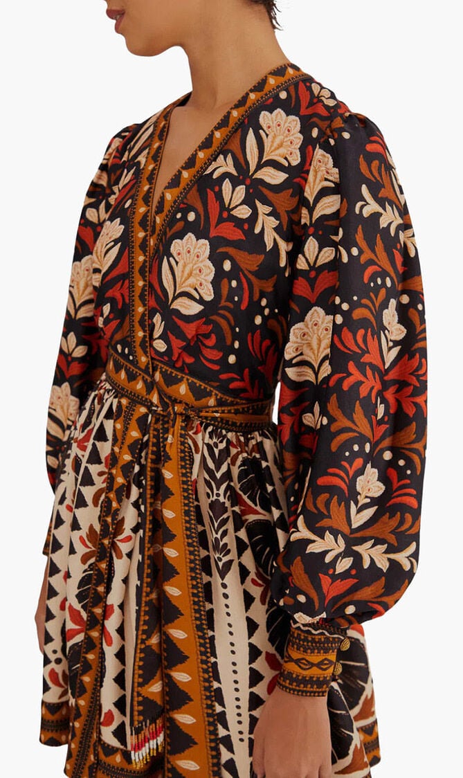 TAPESTRY GARDEN MULTICOLOR V NECKLINE MINI DRESS