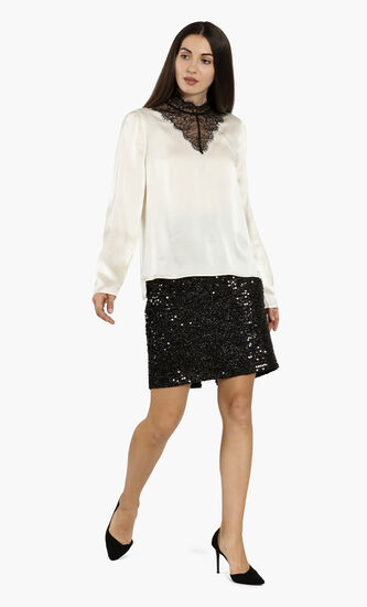 Lace-Paneled Silk Mock-Neck Blouse