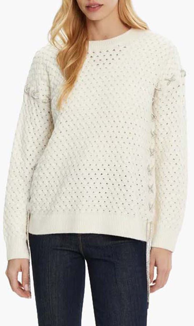 Elliss Rhinestone Chain Open-Stitch Crewneck Sweater