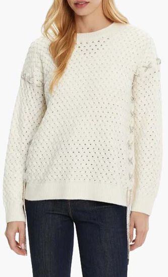 Elliss Rhinestone Chain Open-Stitch Crewneck Sweater