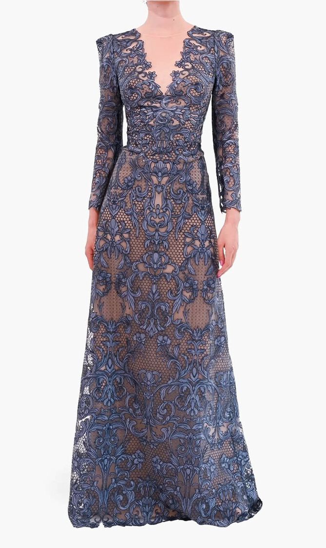 LONG SLEEVE EMBROIDERY ON TULLE GOWN WITH ILLUSION DEEP V NECKLINE