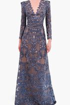 LONG SLEEVE EMBROIDERY ON TULLE GOWN WITH ILLUSION DEEP V NECKLINE