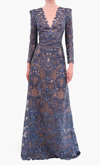 LONG SLEEVE EMBROIDERY ON TULLE GOWN WITH ILLUSION DEEP V NECKLINE