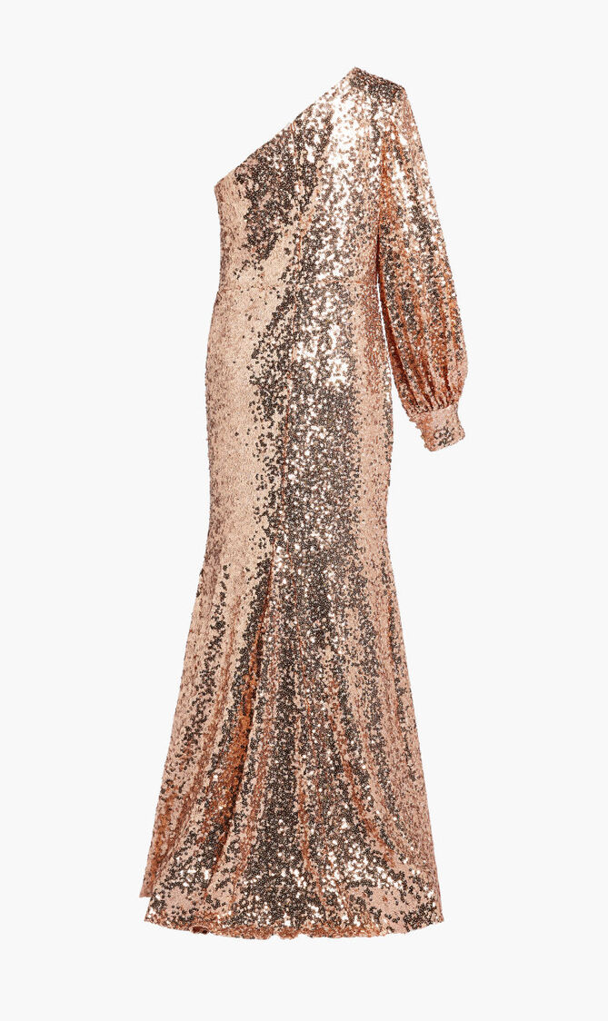 SEQUINED ONE SHOULDER BISHOP SLEEVE TRUMPET GOWN