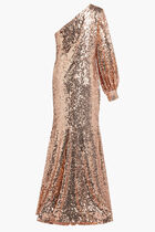 SEQUINED ONE SHOULDER BISHOP SLEEVE TRUMPET GOWN