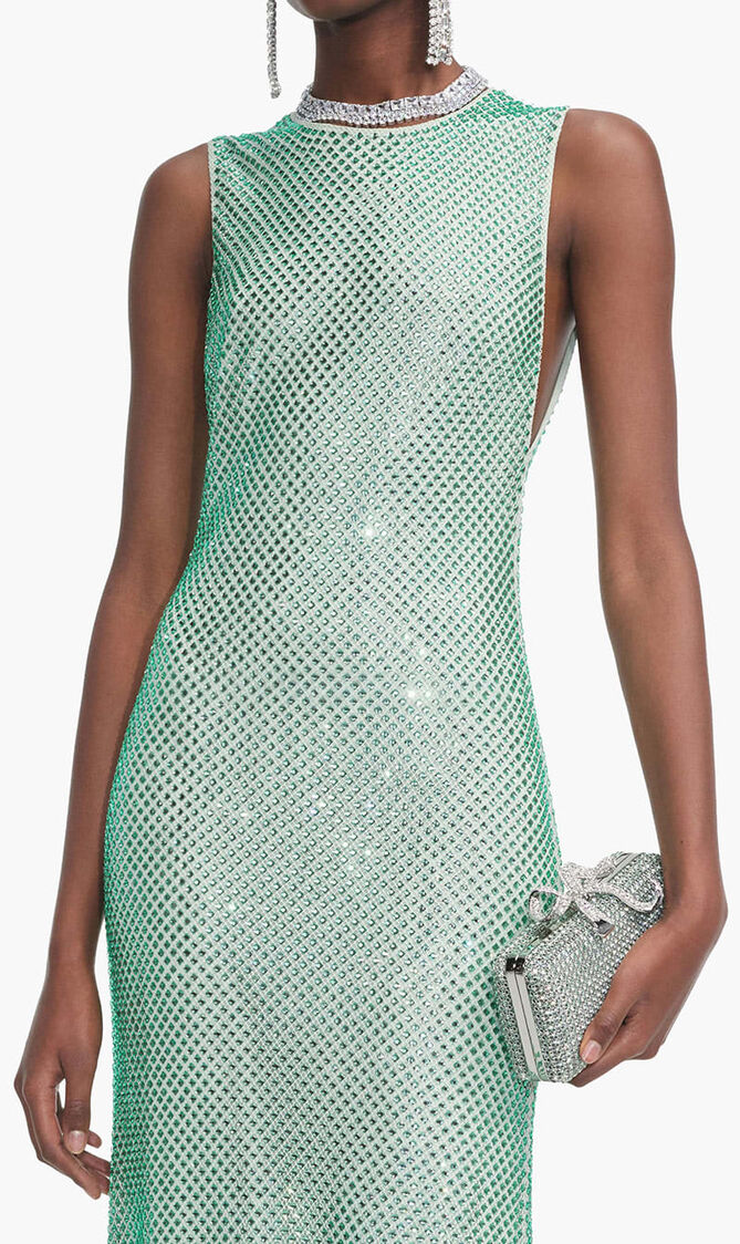 MINT RHINESTONE MESH MIDI DRESS
