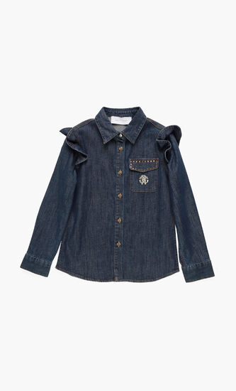Ruffle Trim Studded Denim Shirt