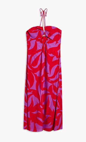 ROGE DRESS-HALTER NECK MIDI DRESS WITH CRISS CROSS STRAPS AND FRONT TEAR DROP CUTOUTS