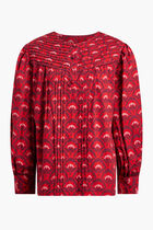 RED TOP WITH PURPLE AND PINK MOTIF AND LONG SLEEVES