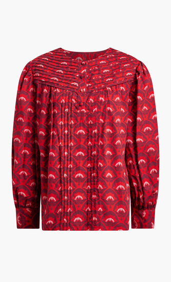 RED TOP WITH PURPLE AND PINK MOTIF AND LONG SLEEVES