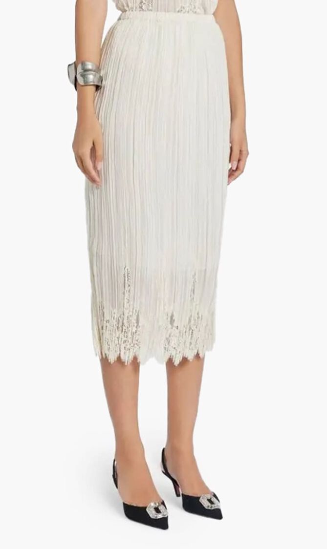 Lace Panel Pleated Midi Skirt