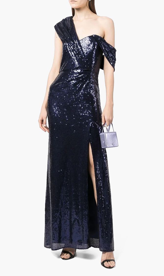 Asymmetrical Wrap Sequin Gown