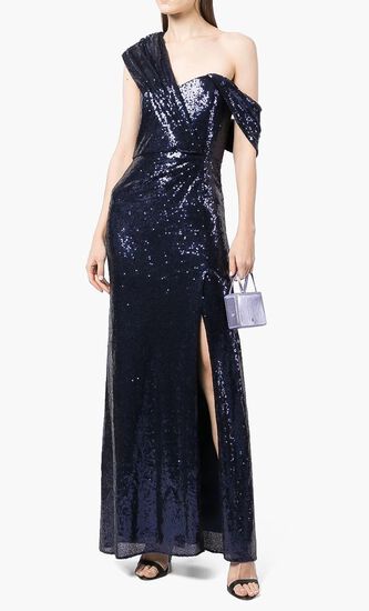 Asymmetrical Wrap Sequin Gown