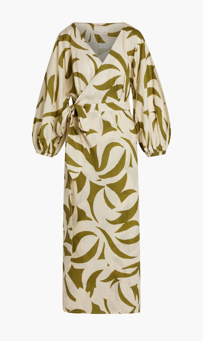 LAVANDA DRESS-BELTED V-NECK DRESS WITH PUFF SLEEVES