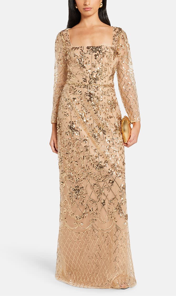 SEQUIN LATTICE LONG SLEEVE COLUMN GOWN