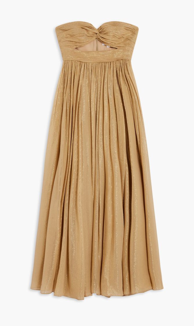 Metallic Striped Lame Chiffon Strapless Gown