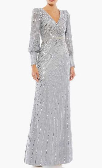 SEQUINED WRAP OVER BISHOP SLEEVE GOWN