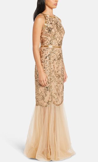 SLEEVELESS JEWEL NECKLINE SEQUIN LATTICE MERMAID GOWN