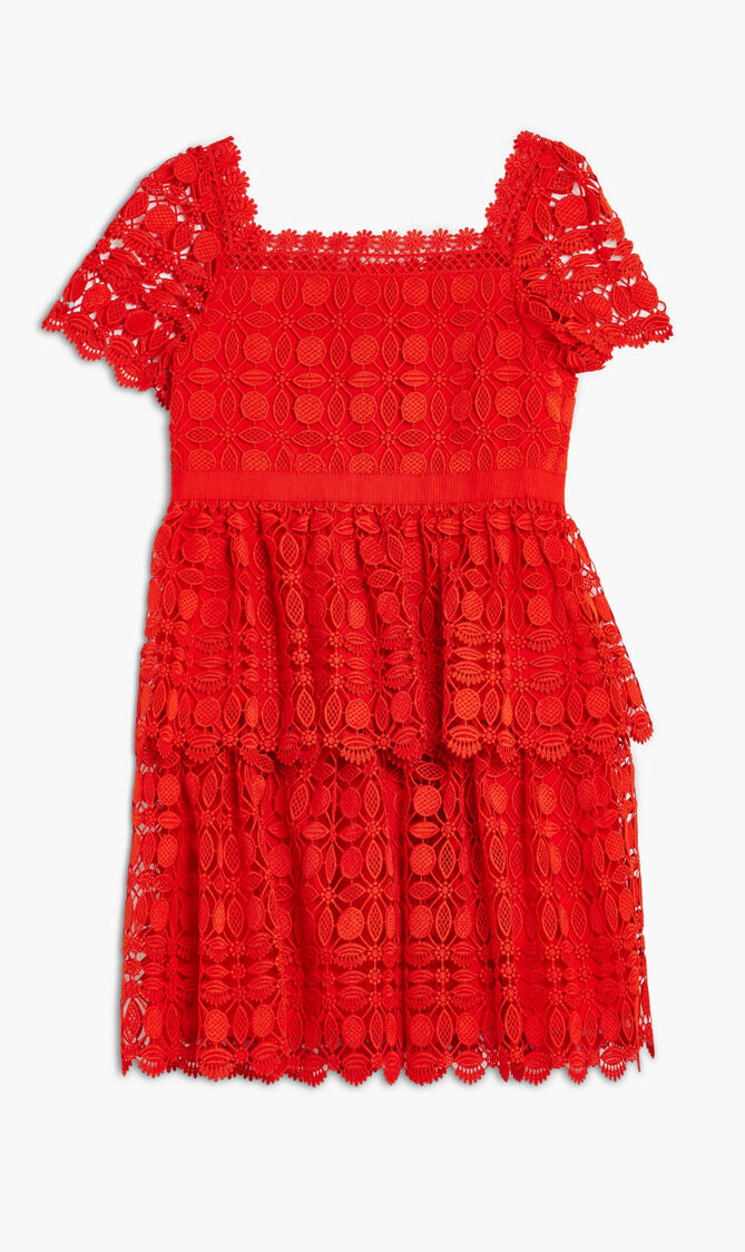 RED PETAL LACE TIERED MINI DRESS