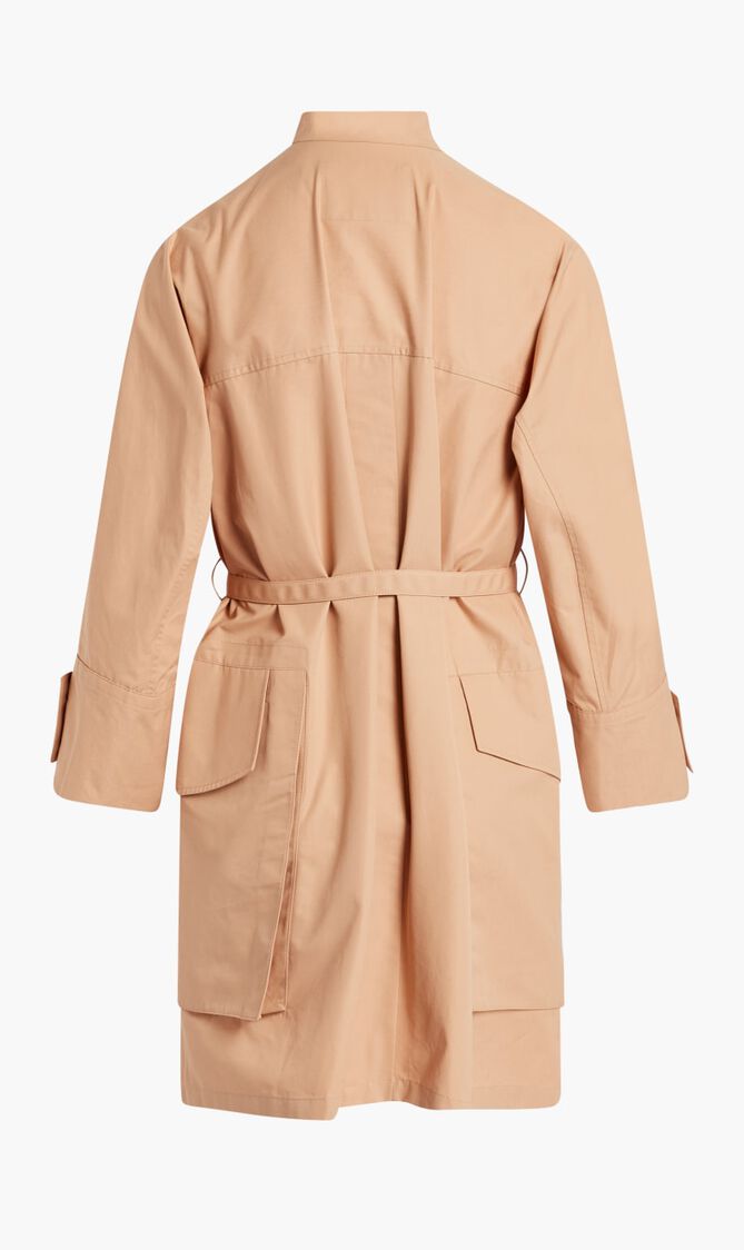Collarless Belted Cotton Trench Coat