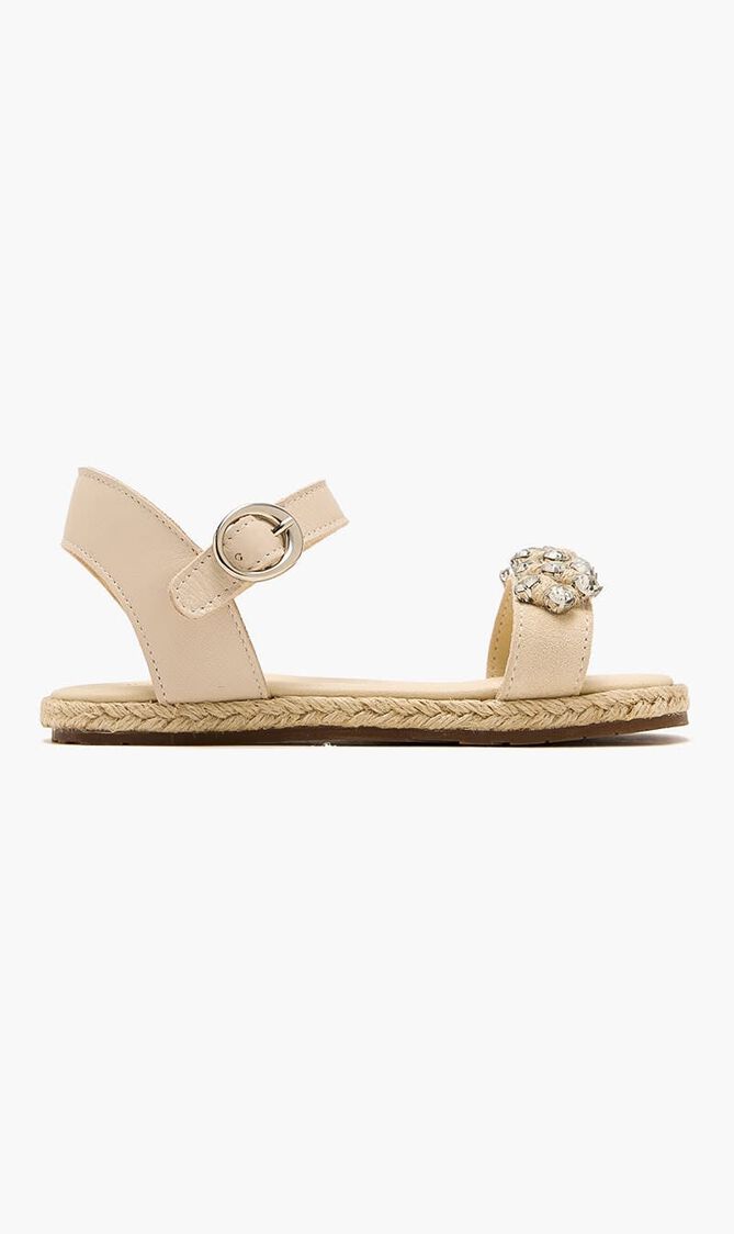 KNIT BAND WITH CRYSTALS EMBELLISHED LEATHER SANDAL