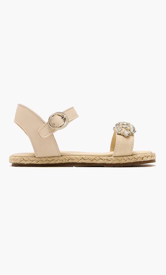 KNIT BAND WITH CRYSTALS EMBELLISHED LEATHER SANDAL