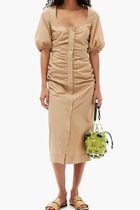 COTTON POPLIN GATHERED OPEN-NECK MAXI DRESS
