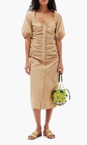 COTTON POPLIN GATHERED OPEN-NECK MAXI DRESS