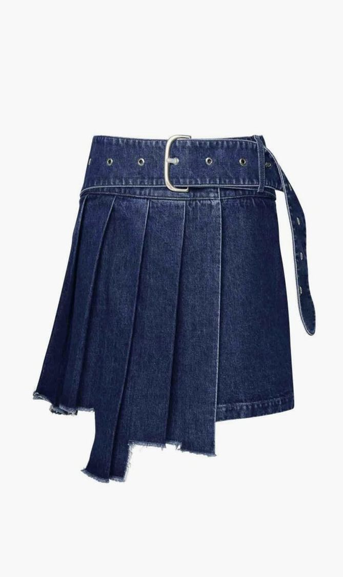 Pleated Asymmetric Denim Skirt