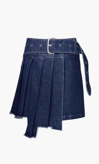 Pleated Asymmetric Denim Skirt