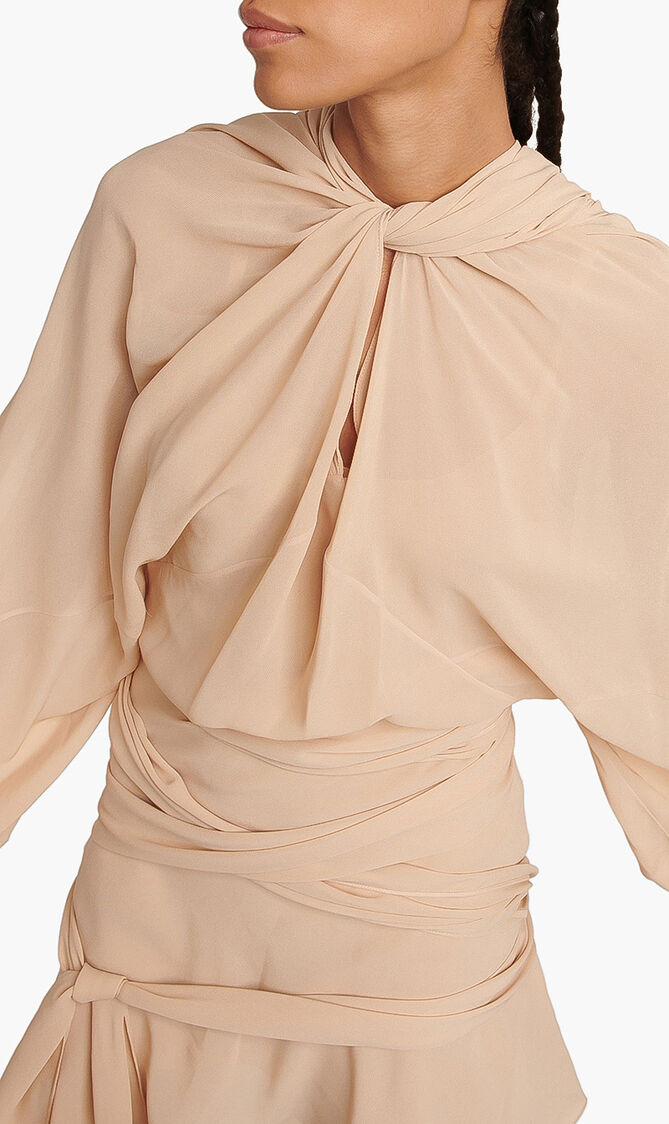 Draped long-sleeved silk dress