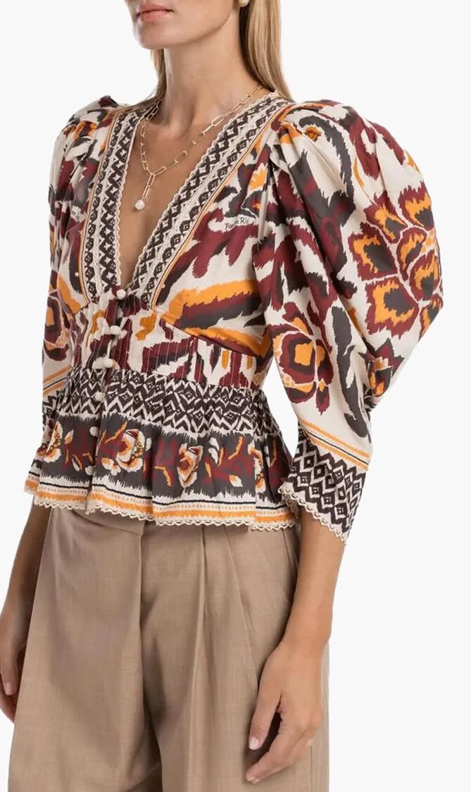 Toucans Scarf Cream Puffed Sleeve Blouse