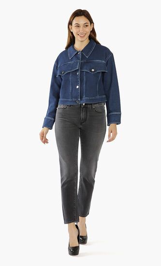 Printed Ruffled Denim Jacket