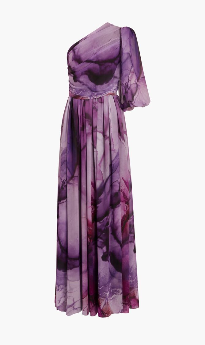 SHAUNA – PRINTED CHIFFON DRAPED ONE-SHOULDER GOWN WITH SIDE SLIT