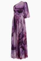 SHAUNA – PRINTED CHIFFON DRAPED ONE-SHOULDER GOWN WITH SIDE SLIT