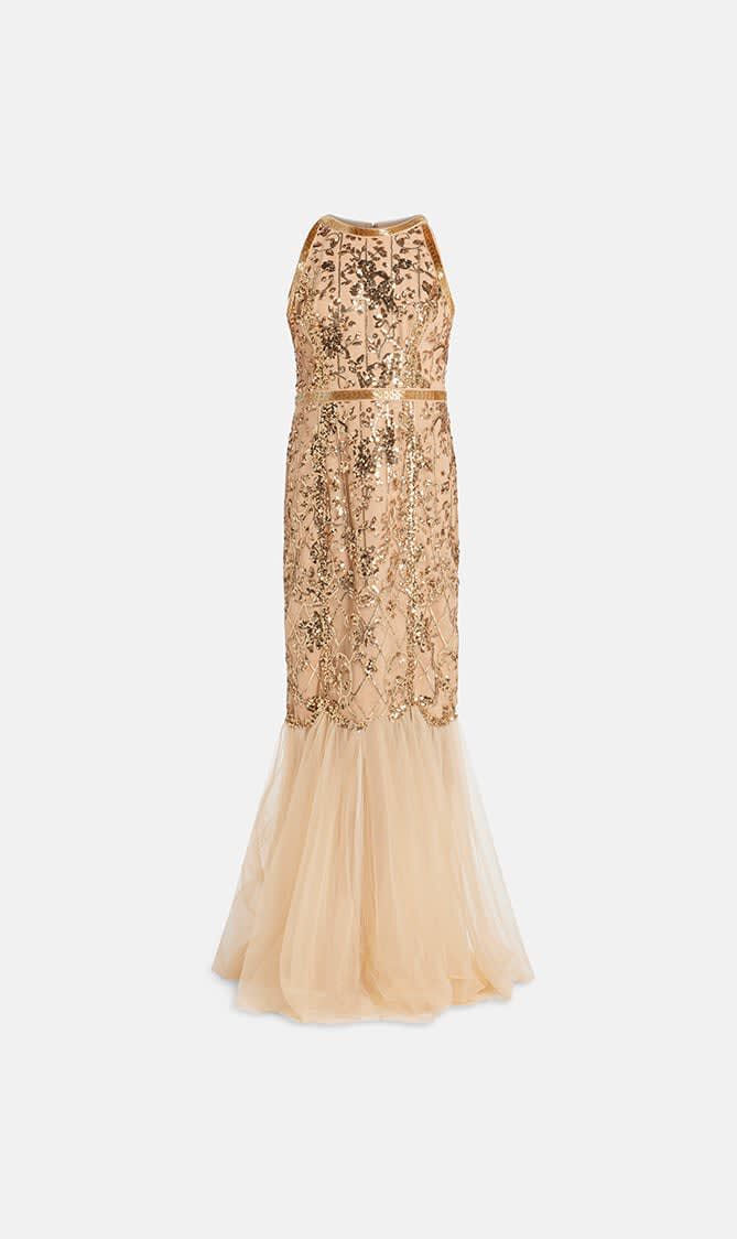 SLEEVELESS JEWEL NECKLINE SEQUIN LATTICE MERMAID GOWN
