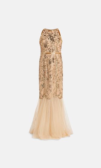 SLEEVELESS JEWEL NECKLINE SEQUIN LATTICE MERMAID GOWN