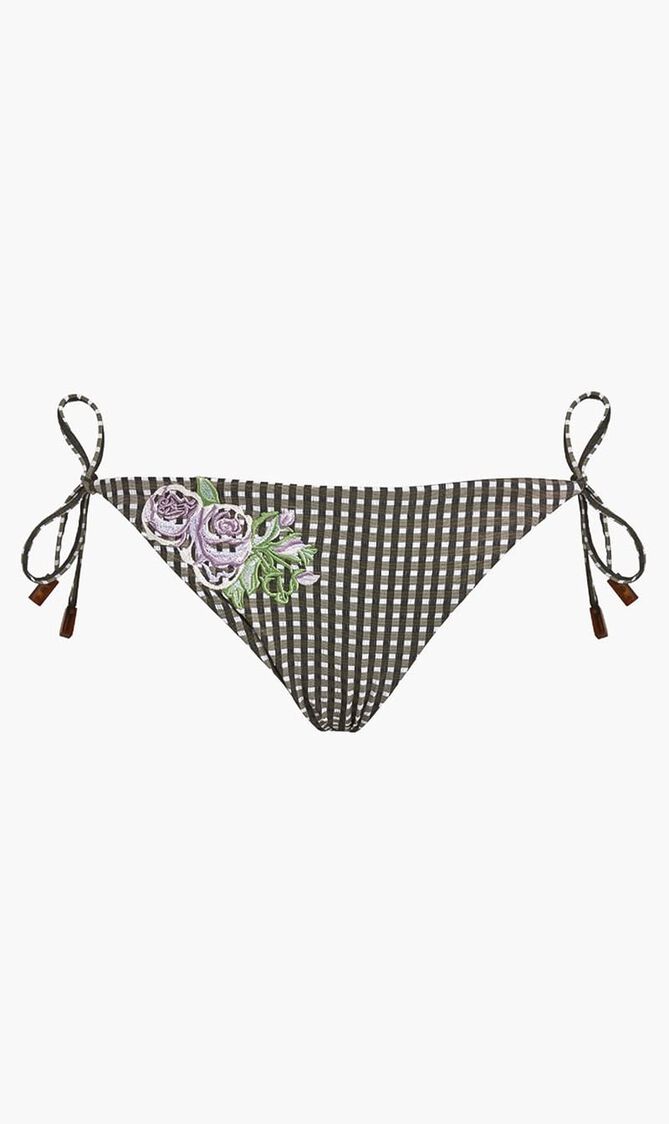 Check Embroidered Flowers Brief Bikini Bottom