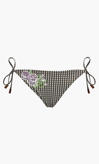 Check Embroidered Flowers Brief Bikini Bottom