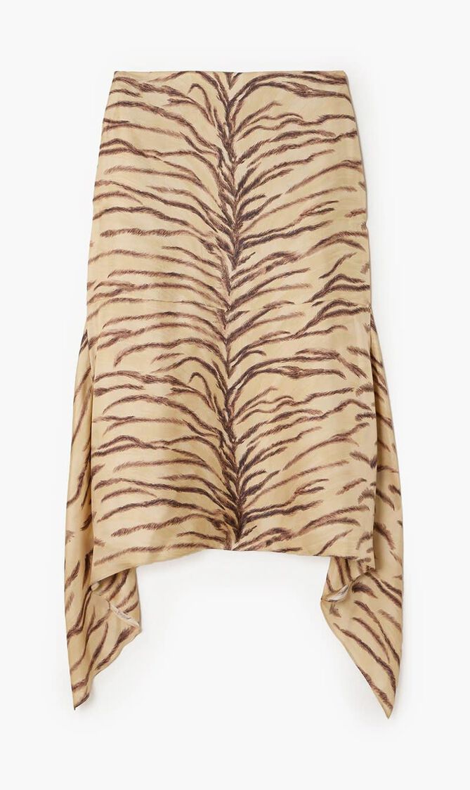 Asymmetric Ruffled Zebra Print Silk Midi Skirt