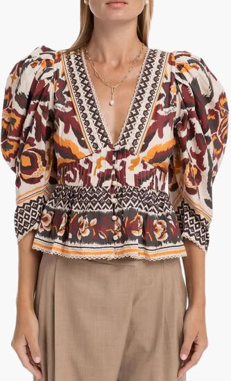 Toucans Scarf Cream Puffed Sleeve Blouse