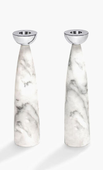 Coluna Carrara Marble And Silver Candle Holders - Set Of 2